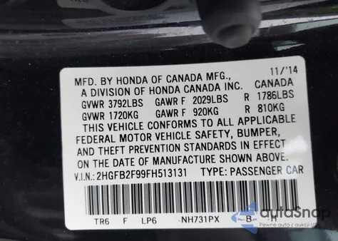 2015 Honda Civic Ex-L from USA, damaged, VIN 2HGFB2F99FH513131
